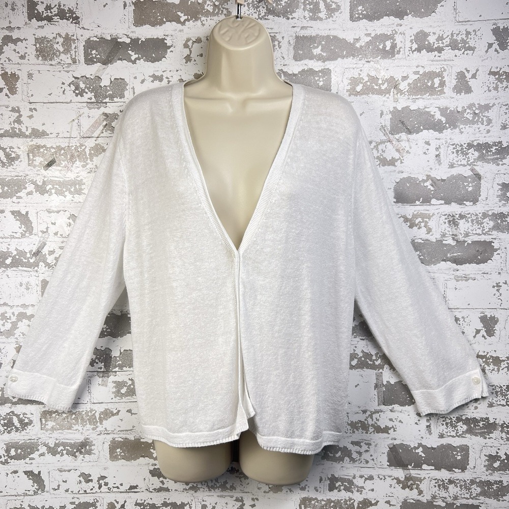 J Jill Cardigan Womens L Sweater Single Button Linen Blend White Coastal Beachy